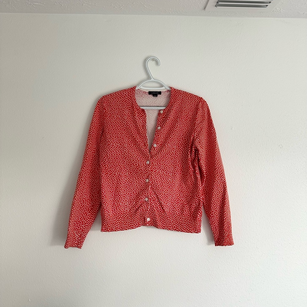Lands' End Petite Small S/P Coral Orange White Polka Dot Cotton Blend Cardigan